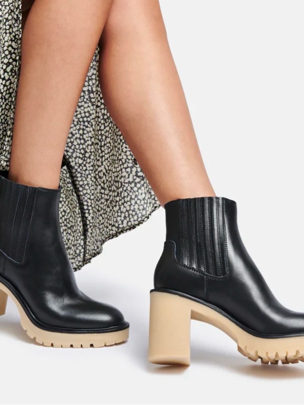 Dolce Vita Women's Caster Black Leather Platform Chelsea Boot with Tan Lug Sole
